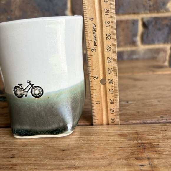 Handmade Pottery Coffee Mug Colleen Deiss  Bicycles Cream Green Glazed Ceramic - Picture 11 of 12